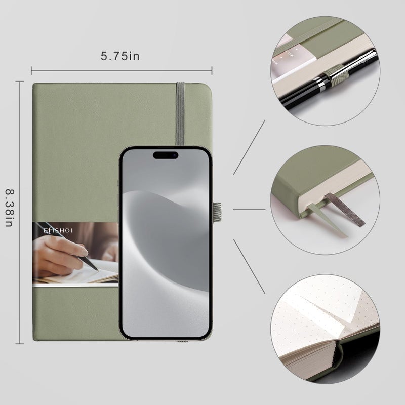 EMSHOI Dotted Notebook - 256 Pages A5 Dotted Grid Journal Notebook 120gsm Thick Paper 16 Perforated Pages  Smooth PU Leather  Inner Pocket 5.75'' ? 8.38''-Green - Image 3